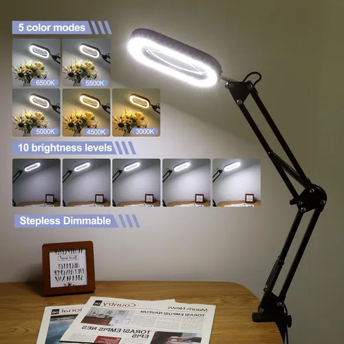 Miniatura 3 de Lupa grande 12X con luz y soporte, cristal real, 5 modos de color, lámpara de pie LED regulable sin escalones, brazo oscilante, 3 en 1, lupa