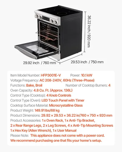 Miniatura 7 de VEVOR Estufa eléctrica de 30 pulgadas, horno de 4.8 pies cúbicos de capacidad, estufa de cocina de acero inoxidable compacta independiente, con 4