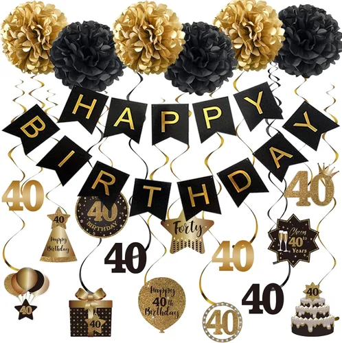 BRT Bearingshui Juego de decoración de serpentinas colgantes de feliz cumpleaños número 40, pancarta de feliz cumpleaños con pompones de tela, negro