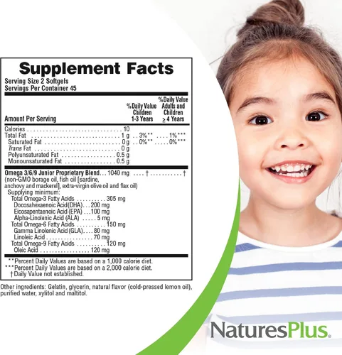 Miniatura 5 de NaturesPlus Animal Parade Omega 3/6/9 Junior, sabor a limón, 90 cápsulas blandas, promueve la salud inmunológica, de la piel, los ojos y el sistema