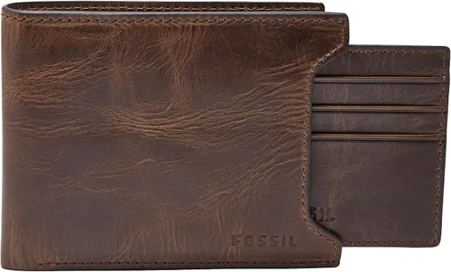Fossil Cartera de cuero plegable deslizante 2 en 1 con funda extraíble para tarjetas para hombres