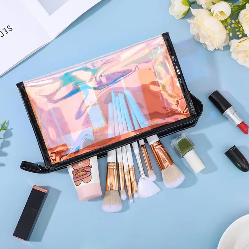 Miniatura 4 de BESARME Bolsas de maquillaje holográficas a granel para mujer, bolsa de aseo portátil transparente con cremallera, Negro holográfico
