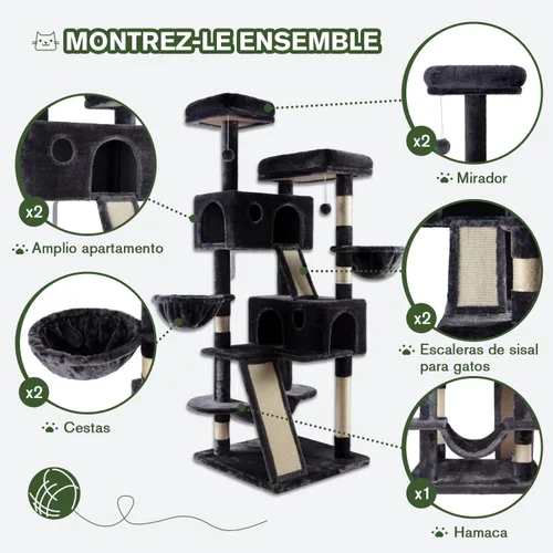 Miniatura 6 de MUTICOR Árbol para gatos de 66 pulgadas de varios niveles, grande, para interiores, con felinos grandes/perchas de felpa Gris oscuro