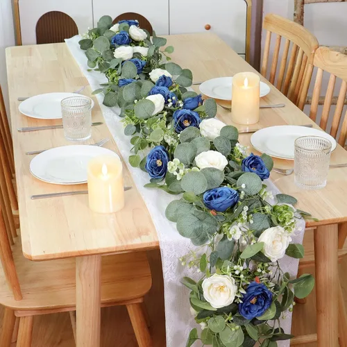 Miniatura 60 de TOCHGREEN Paquete de 2 Guirnaldas de Flores de Eucalipto Artificial de 12 Pies con Rosas Champán, Guirnalda de Flores de Rosa Falsa Verdor