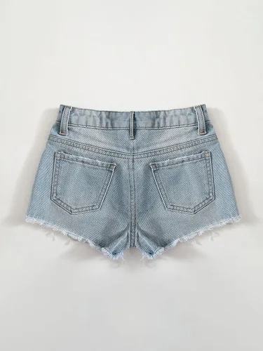 Miniatura 2 de WDIRARA Pantalones cortos de mezclilla de cintura alta con dobladillo rasgado y botones para niña