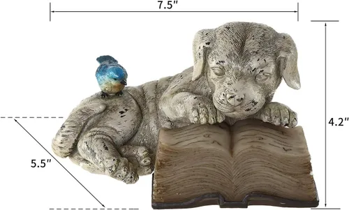 Miniatura 8 de Topadorn Estatua de jardín solar para cachorros con libro LED brillante, perro de resina pintado a mano con pájaro azul, decoración de patio al aire