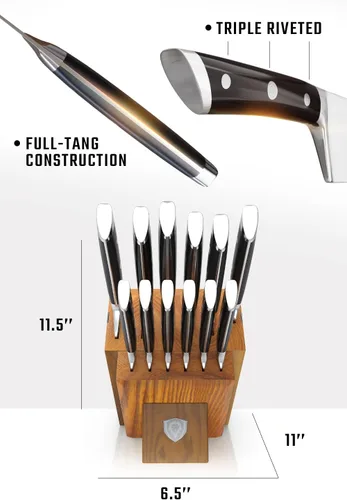 Miniatura 7 de Dalstrong Juego de bloques de cuchillos Elite de 12 piezas, acero alemán de alto carbono, espiga completa, pulido a mano, chef + Santoku + Nakiri +