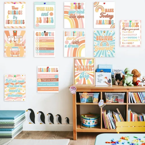 Miniatura 6 de ZOIIWA 12 pósteres retro Groovy para decoración de aula, juego de tablones de anuncios hippie, póster de regreso a la escuela, póster retro