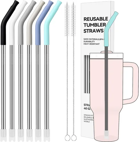 Miniatura 21 de Pajitas de Metal Rectas de 40 oz para Vaso Stanley de 40 oz, 6 Piezas Pajitas de Metal Reutilizables de Acero Inoxidable para Beber con Puntas de 2