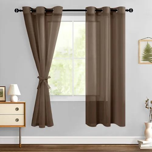 Miniatura 152 de Hiasan - Cortinas traslúcidas de gasa cortas semitransparentes con ojales y alzapaños filtrantes de luz para ventana, dormitorio, baño, 2 paneles