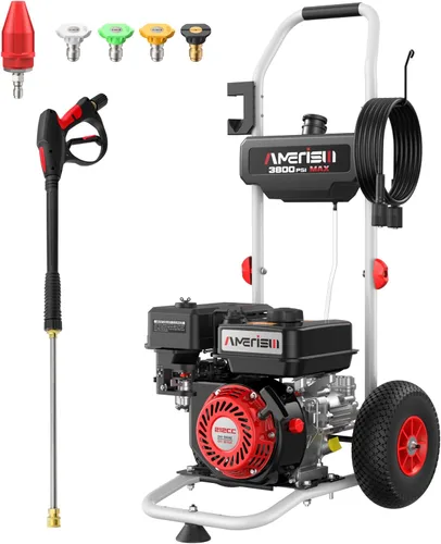 Lavadora a presión de gas 3800 PSI 2.5 GPM, motor OHV de 212cc, lavadora de alta resistencia con 5 boquillas y ruedas de 10 pulgadas, portátil para