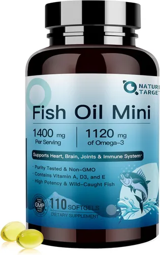NATURE TARGET Aceite de pescado Mini 1400 mg, suplemento Omega 3 de alta potencia con vitaminas A y D3 y E, apoya el corazón, el cerebro, las