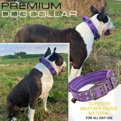 Miniatura 6 de ADITYNA Collar de perro resistente para perros grandes, collar morado reflectante con asa para entrenar y caminar, ancho, grueso, táctico, acolchado
