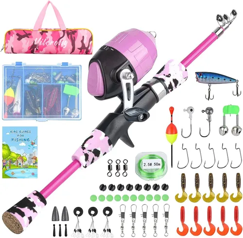 Miniatura 8 de Milerong Caña de pescar para niños, caña de pescar telescópica portátil y carrete combinado para niños, niñas, jóvenes, con carrete de pesca Juego
