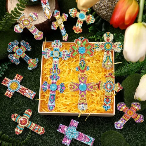 Miniatura 5 de Inbagi 15 piezas de llaveros de pintura de diamante con cruz de Pascua, 5D, bricolaje, cruz de diamante, llaveros colgantes para regalos de fiesta