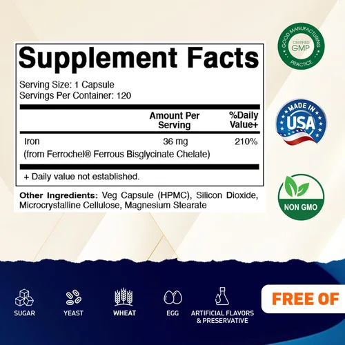 Miniatura 2 de Vitamatic Hierro quelado de 36 mg (de Ferrochel® Ferroso Bisglicinato Quelato) – No estreñimiento – 120 cápsulas vegetales – Sin OMG, sin gluten