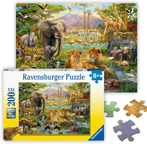 Ravensburger - Animales de la sabana - Rompecabezas de 200 piezas - Imágenes emocionantes y coloridas de leones, elefantes, tigres y más - Calidad