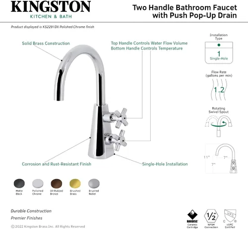 Miniatura 9 de Kingston Brass KS2297DX Constantine Grifo de baño de dos manijas de un solo orificio con Push Pop-Up, latón cepillado