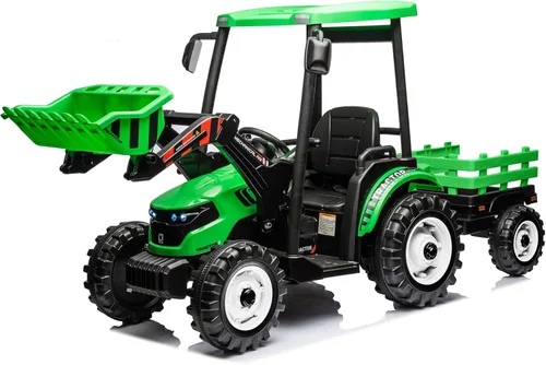 Kidsera Tractor de paseo para niños de 24 V con remolque y cargador frontal, tractor 3 en 1 con caja de cambios de 24 voltios, marco de metal de