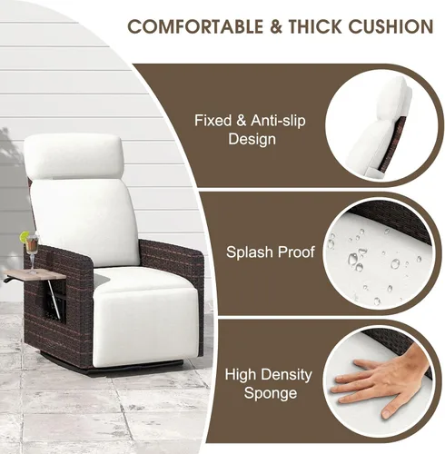 Miniatura 7 de kinbor Silla reclinable para exteriores, silla giratoria de 360° con respaldo alto para patio, con mesa auxiliar abatible, cojín extraíble y Beige-1