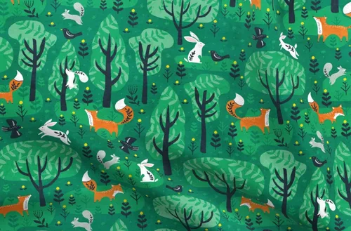 Spoonflower Tela - Zorros esmeralda verde bosque, conejitos del bosque, animales lindos para niños, zorro impreso en tela de gasa, cuarto gordo –