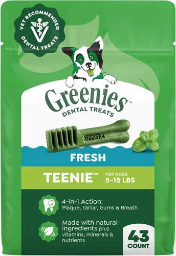 Miniatura 16 de Greenies Golosinas dentales naturales para perros adultos recomendadas por veterinarios, tamaño Teenie, sabor a arándano azul, paquete de 12 oz., 43