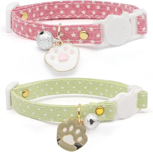 Miniatura 9 de Paquete de 2 Collares Separables de Algodón para Gatos con Campana y Pendientes de Flores Rosas y Moradas Lindo Collar para Gatito Adecuado