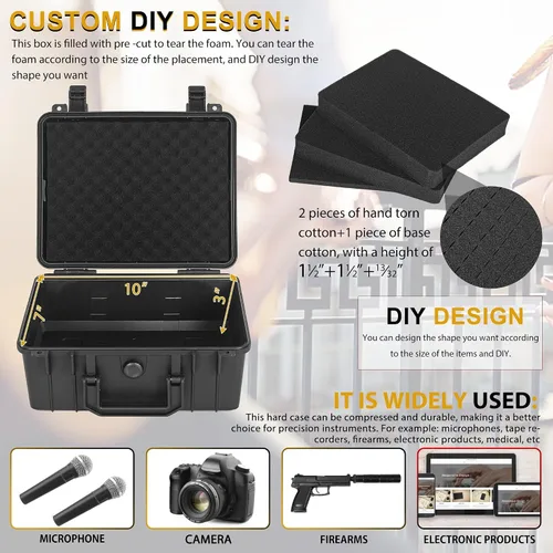 Miniatura 3 de Funda rígida protectora a prueba de golpes y resistente al agua con inserción de espuma DIY personalizada para cámara, etc, 11 X 9.5 X 5 pulgadas