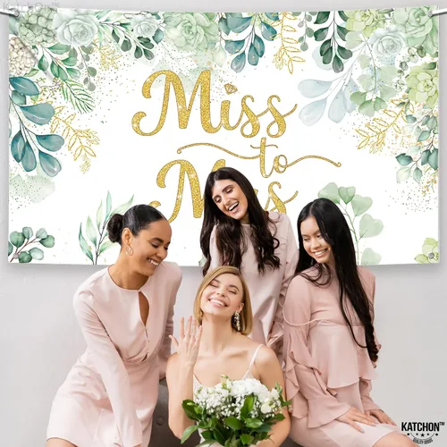 Miniatura 6 de KatchOn, Cartel verde de Miss to Mrs – XL, 72 x 44 pulgadas, telón de fondo de Miss to Mrs para decoraciones de despedida de soltera verde y dorado
