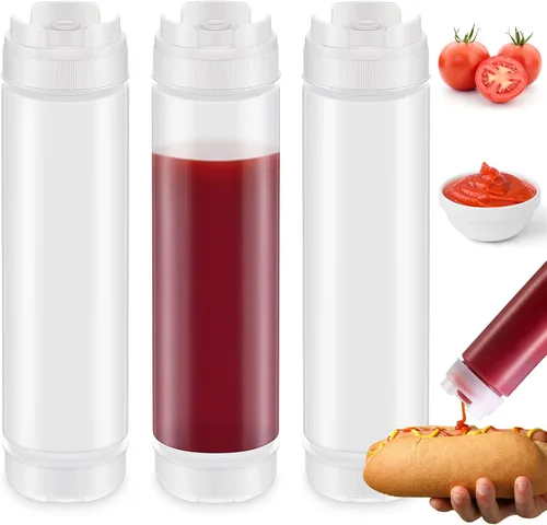 Miniatura 8 de Sabary 3 unidades de botellas exprimibles de plástico invertidas de 16 oz, dispensador recargable con válvula grande para condimentos, botella
