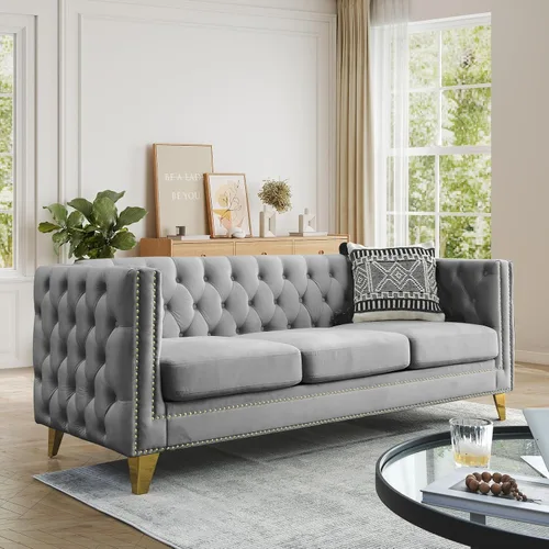 Miniatura 16 de JEEOHEY Juego de Sofás Chesterfield de 2, Sofá Moderno de Terciopelo con Capitoné y Ribete de Tachuelas, Sofá Tapizado de Asiento Profundo, Sofá