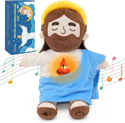 Yelakey Muñeco de Jesús de Peluche Relajante con Luz y Sonido, Muñeco de Jesús Respirante de 15" de Peluche Suave Cristiano Católico Regalo Azul