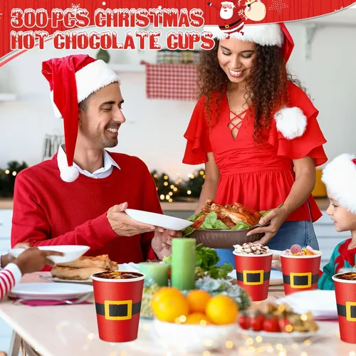 Miniatura 5 de Yaomiao 300 tazas de papel de Navidad de 9 onzas, diseño de cinturón de Papá Noel, desechables, tazas de café de cacao caliente para Navidad, a