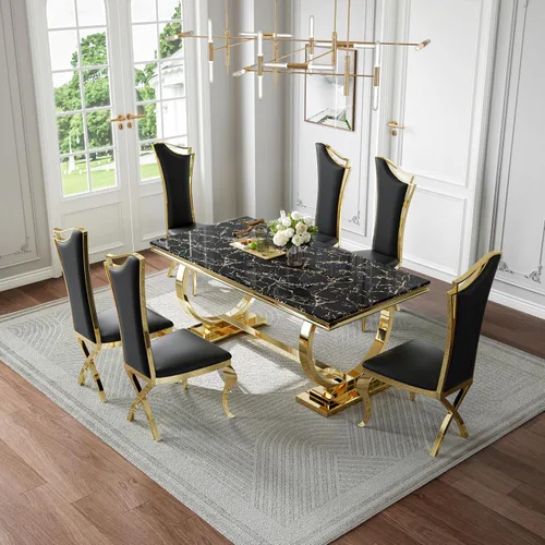 Miniatura 3 de Juego de mesa de comedor de mármol de 70 pulgadas para 6, mesa de cocina grande y sillas de cuero negro, mesas de comedor modernas negras y doradas