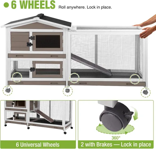Miniatura 4 de GUTINNEEN 2-Story Rabbit Hutch for 2-4 Rabbits - Wooden Guinea Pig Cage with 6 Wheels, 3 Pull-Out Trays & Waterproof Asphalt Roof, Indoor Outdoor