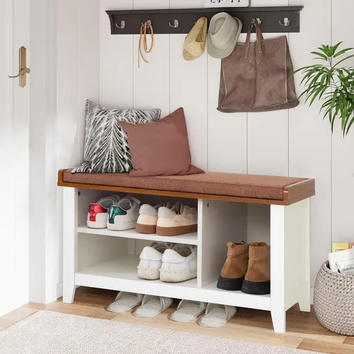 Miniatura 3 de MFSTUDIO Banco Organizador de Zapatos, Banco de Entrada para Zapatos Blanco con Asiento y Cojín Acolchado, Organizador de Zapatos Independiente