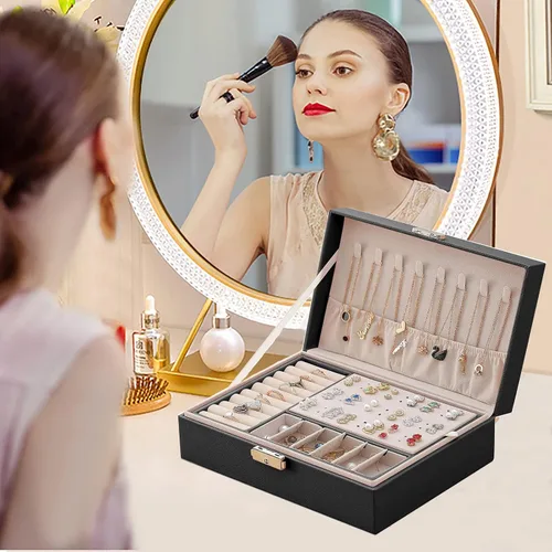 Miniatura 2 de Organizador de joyas para mujer organizador grande de joyas de viaje de 2 capas de piel sintética con forro suave para mujeres y niñas anillos