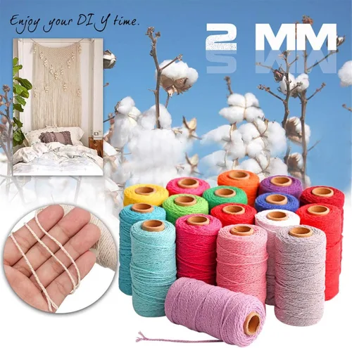 Miniatura 2 de Cordón de macramé de algodón 2 mm x 109 yardas, cuerda de algodón colorida para manualidades DIY, ganchos de plantas (Beige)