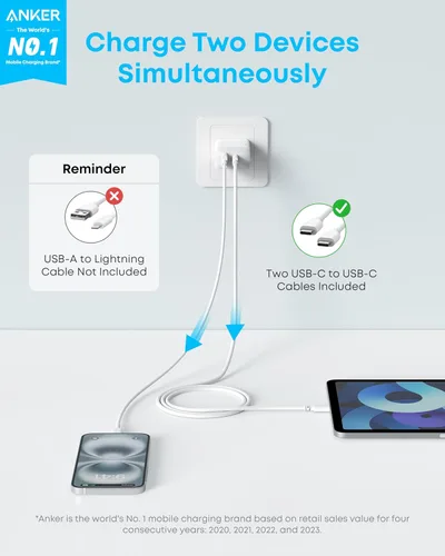 Miniatura 3 de Anker Cargador para iPhone 17/16, paquete de 2 bloques de cargador USB C rápido de 20 W, para iPhone 17/16/16 Pro Max/15 Series/iPad Pro y más