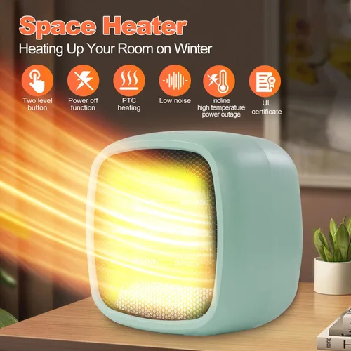 Miniatura 2 de Calentador de espacio, pequeños calentadores eléctricos portátiles para uso en interiores, 2 modos, 1000 W/800 W, PTC, de cerámica, calor de Verde