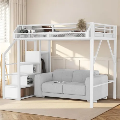 Miniatura 10 de Cama tipo loft de tamaño matrimonial con escaleras de almacenamiento integradas, armario, marco de cama alta de metal con barandilla lateral