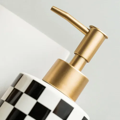 Miniatura 6 de Dispensador de jabón de cerámica a cuadros con bomba mate dorada a prueba de óxido, dispensador de jabón decorativo para baño o cocina