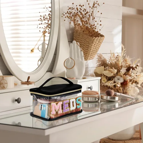 Miniatura 7 de Geetery Bolsa de Letras de Chenilla, Estuches de Viaje Meds Cheer Regalos para Porristas Bolsa de Cosméticos Maquillaje de Nylon Portátil Preppy