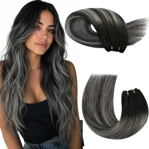 Miniatura 52 de Moresoo - Extensiones de cabello humano real cosidas, Remy, lacio, doble trama, color negro jet, 14 pulgadas, 3.53 onzas