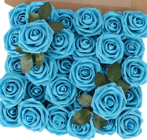 Miniatura 32 de MACTING 30 Rosas Artificiales Blancas Flores Falsas con Tallo Rosas de Espuma de Tacto Real para DIY Arreglos de Ramo de Boda Centros de Mesa White-1