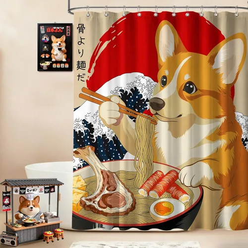 Miniatura 25 de Cortina de ducha estrecha con diseño de gato negro y animé japonés para casa rodante, juegos de decoración de baño, tela impermeable con ganchos, 36