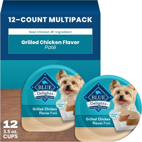Blue Buffalo Delicias Copa de alimentos de perro mojada de la raza pequeña para adultos naturales, sabor a la parrilla de pollo en jugo sabroso