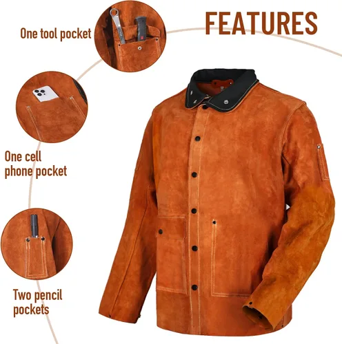 Miniatura 3 de QeeLink Chaqueta de Soldadura de Cuero - Chaquetas de Soldador de Trabajo Resistente a las Llamas y de Servicio Pesado - Chaqueta de Soldadura