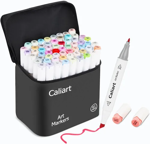 Caliart Marcadores de alcohol pastel, 61 colores, cincel fino y ancho, marcadores permanentes de doble punta con estuche de transporte, bolígrafos