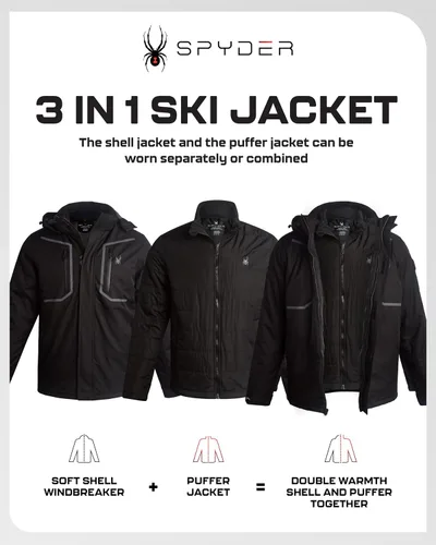 Miniatura 2 de Spyder Chaqueta de esquí para hombre, sistema 3 en 1, chaquetas de invierno impermeables para la nieve para hombre, chaqueta de snowboard